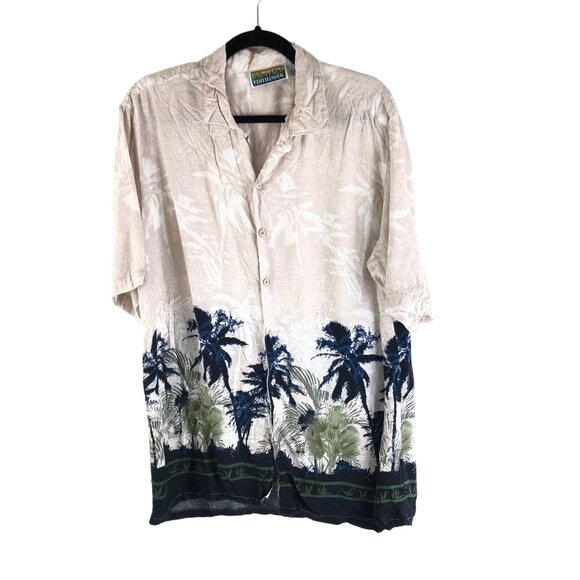 Big Creek Clothing Co. Mens Hawaiian Button-Down Shirt Palm Trees Beige Blue L - Picture 1 of 3